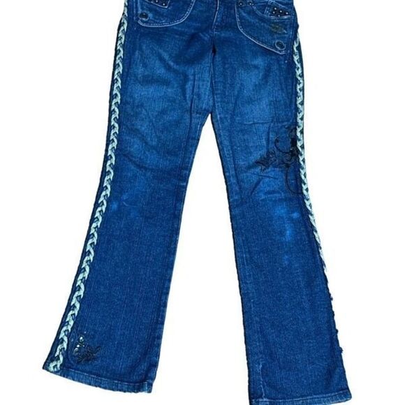 KDNK Wide Leg Studded and Embroidered Jeans Braided Trim Size 27 - Picture 3 of 8